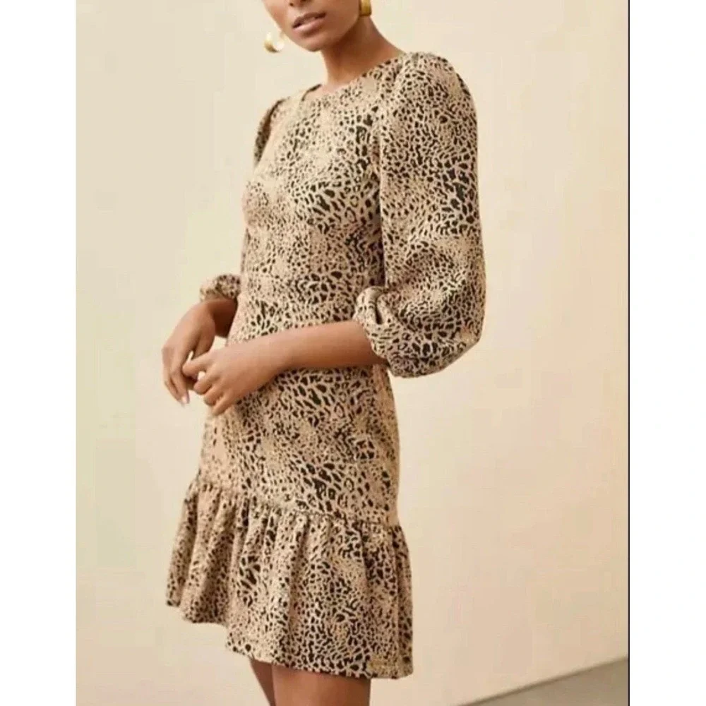 Maeve Anthropologie Leopard Print Puff Sleeve Cutout Back Dress Tan Black Sz 16